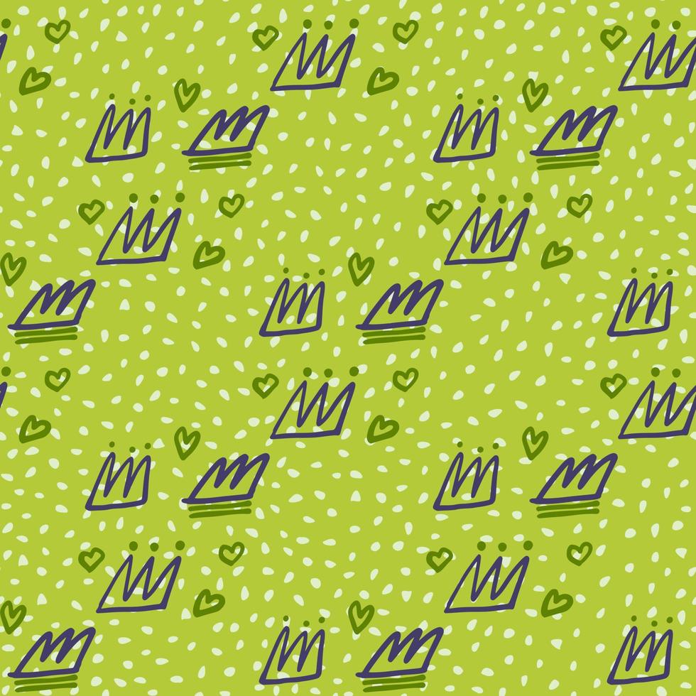 Doodle seamless pattern with navy blue contoured crowns and white hearts. Green bright background with dots. vector