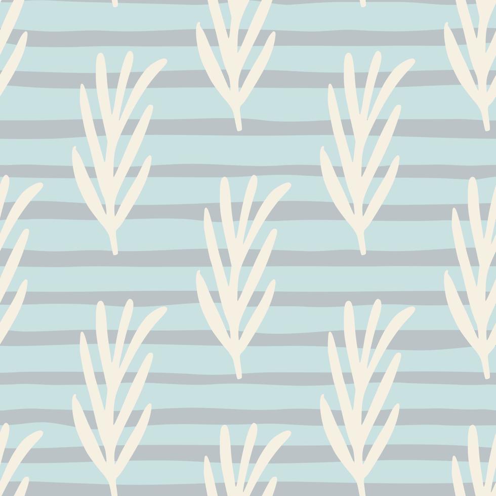 White leaf branches simple seamless pattern. Blue striped background. Hand drawn botanic backdrop. vector