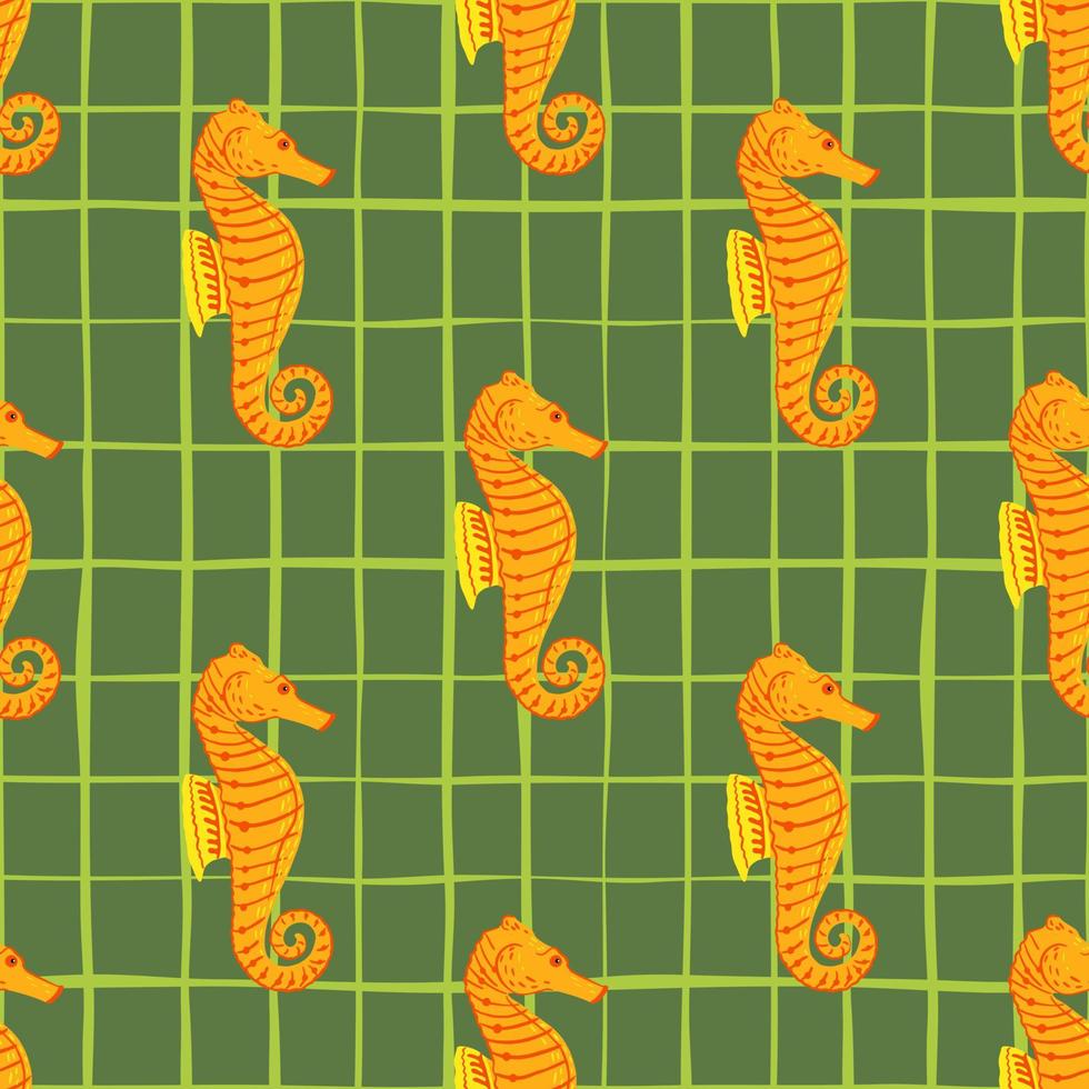 Contrast seamless pattern with orange seahorse silhouettes ornament. Green chequered background. Simple design. vector