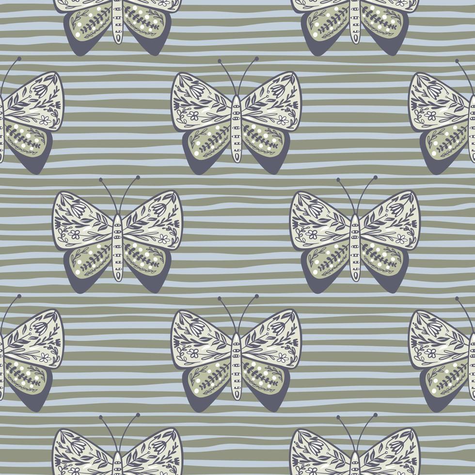 patrón transparente de color gris con formas de mariposas ornamentales botánicas de fideos. fondo rayado vector