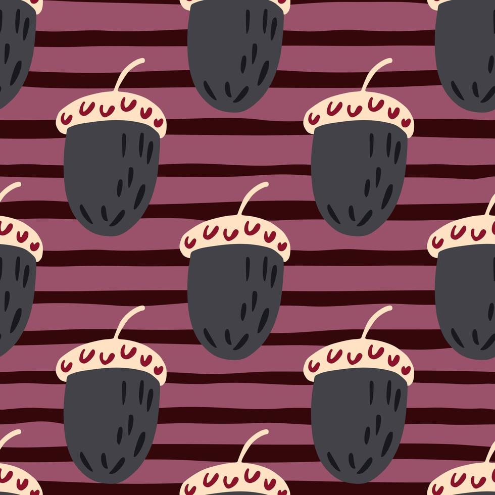 Seamless pattern in bright colors with simple acorn ornament. Purple striped background. vector