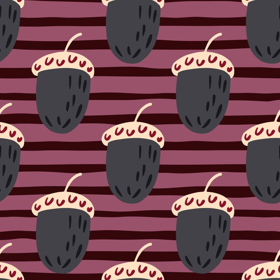 Seamless pattern in bright colors with simple acorn ornament. Purple striped background. vector