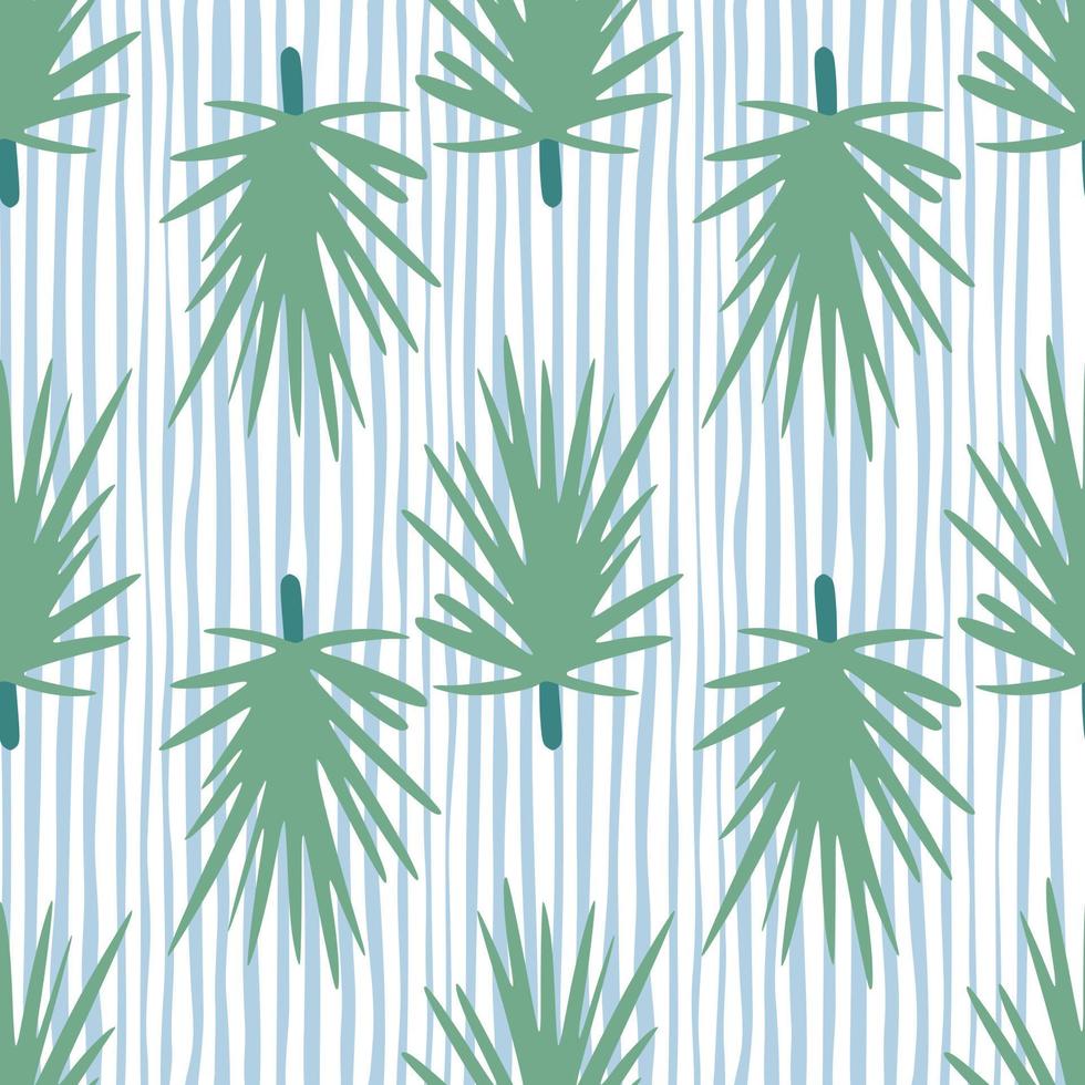 Light green pine branch silhouettes seamless doodle pattern. Stylized forest print with blue and white striped background. vector