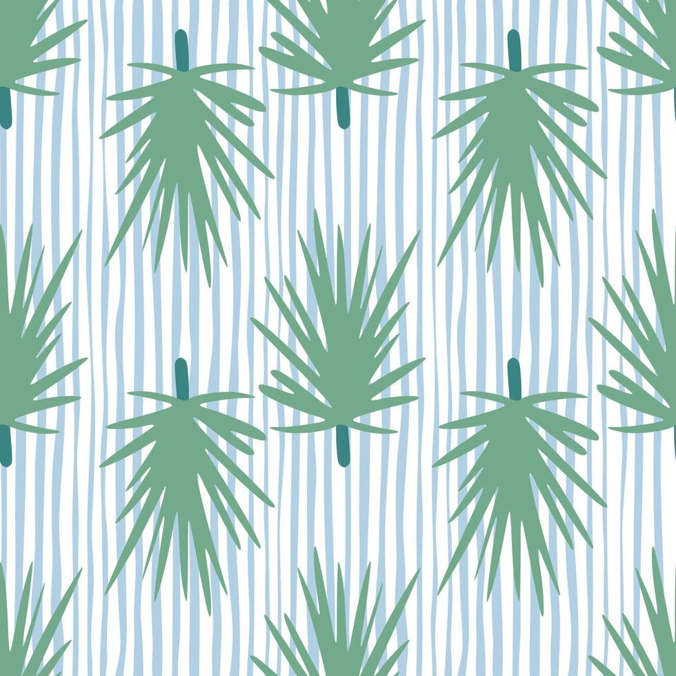 Light green pine branch silhouettes seamless doodle pattern. Stylized forest print with blue and white striped background. vector