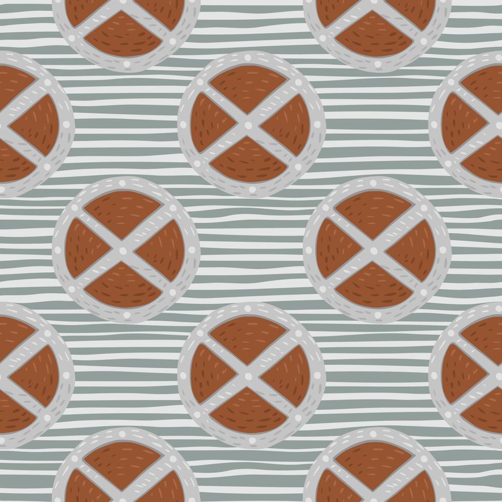Seamless stylized pattern with scandinavian brown circle wood shield ornament. Grey striped background. Weapon print. vector