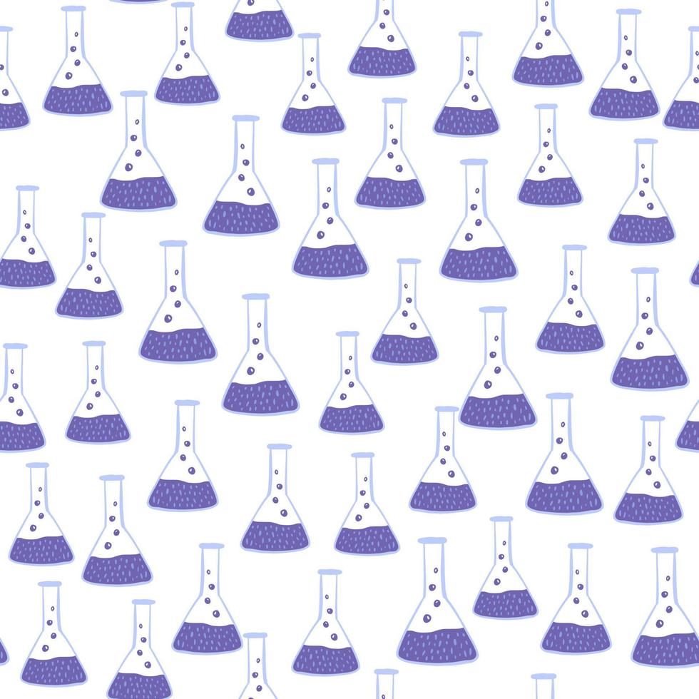 Isolated seamless pattern with purple glass bulb elements. White background. Simple medicine lab backdrop. vector