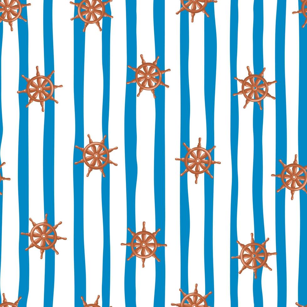 Orange random ship wheel silhouettes seamless doodle pattern. Blue and white striped background. vector
