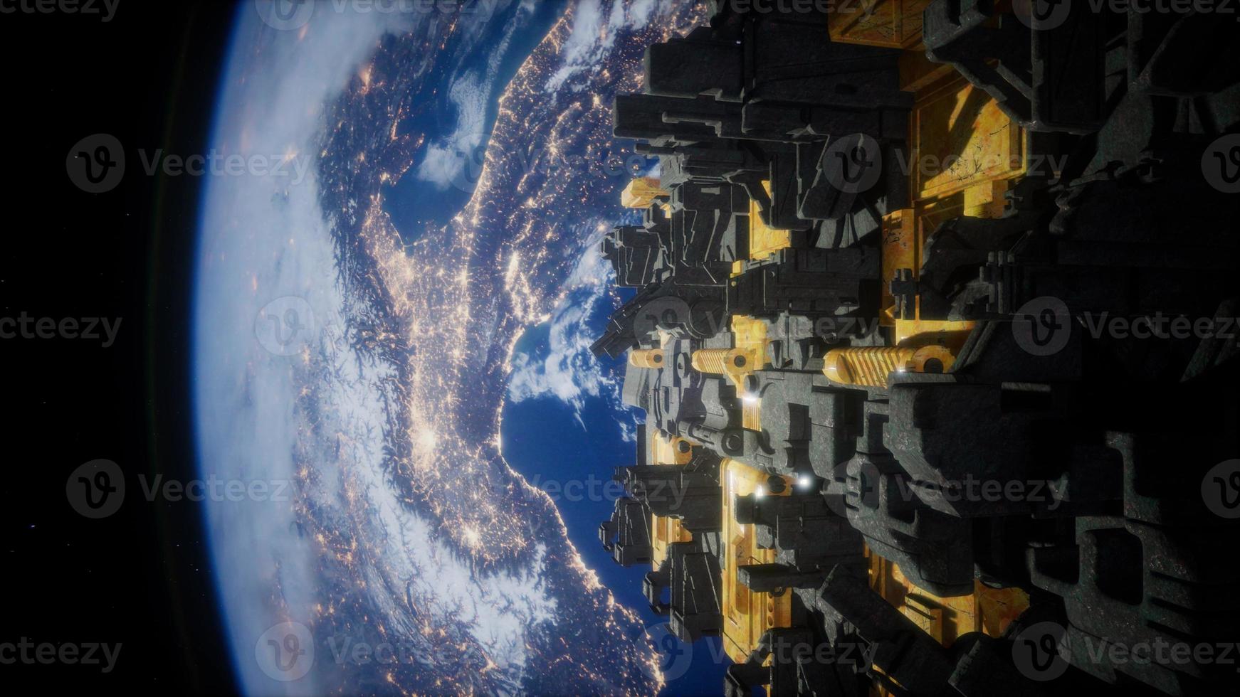 Spaceship with View on Space and Planet Earth photo
