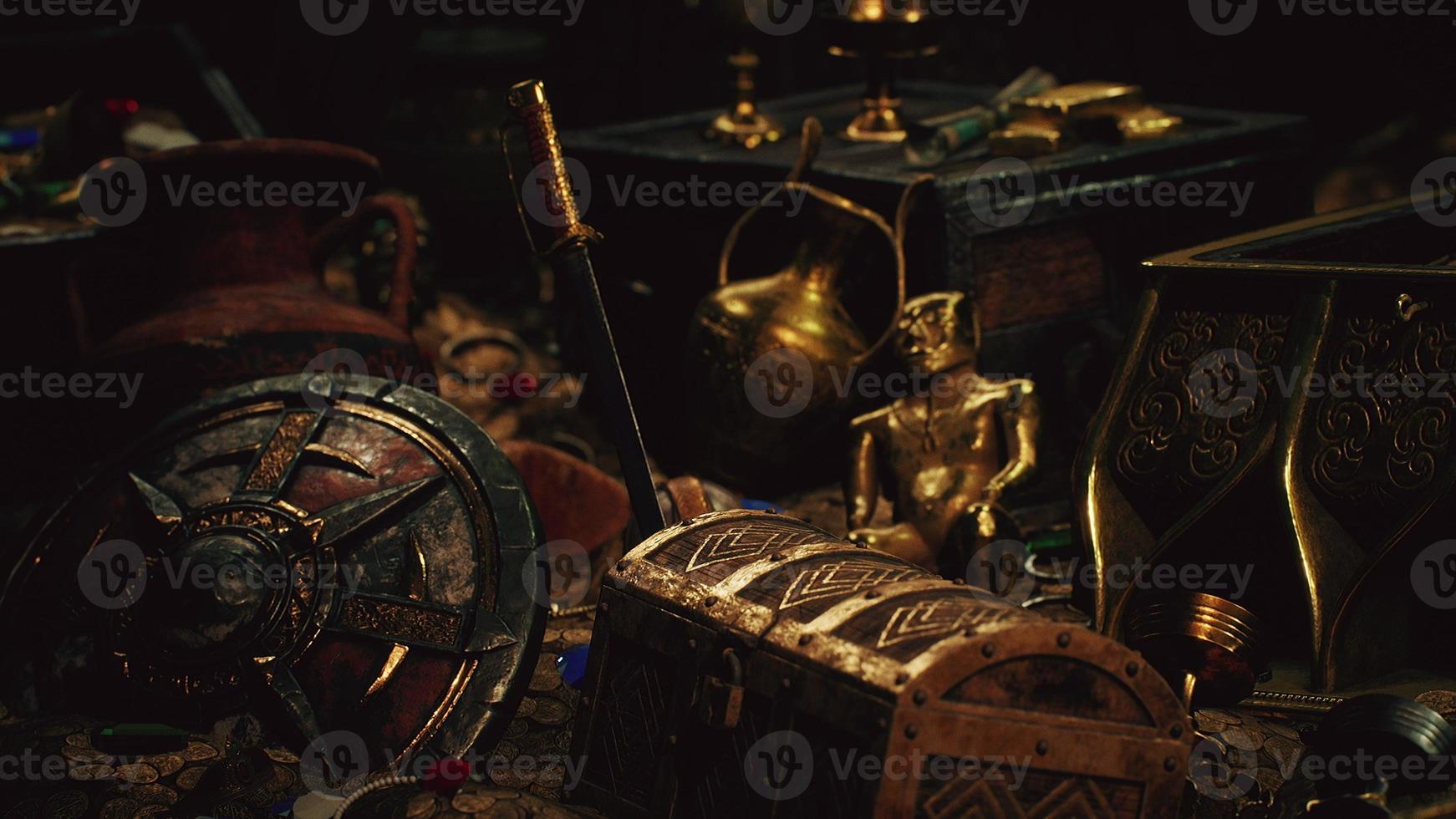 treasures in a dark cave with coins diamonds and gold photo