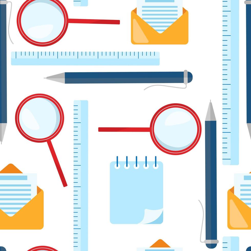 School seamless pattern. Magnifying glass, ballpoint pen, ruler, envelope letter elements. vector