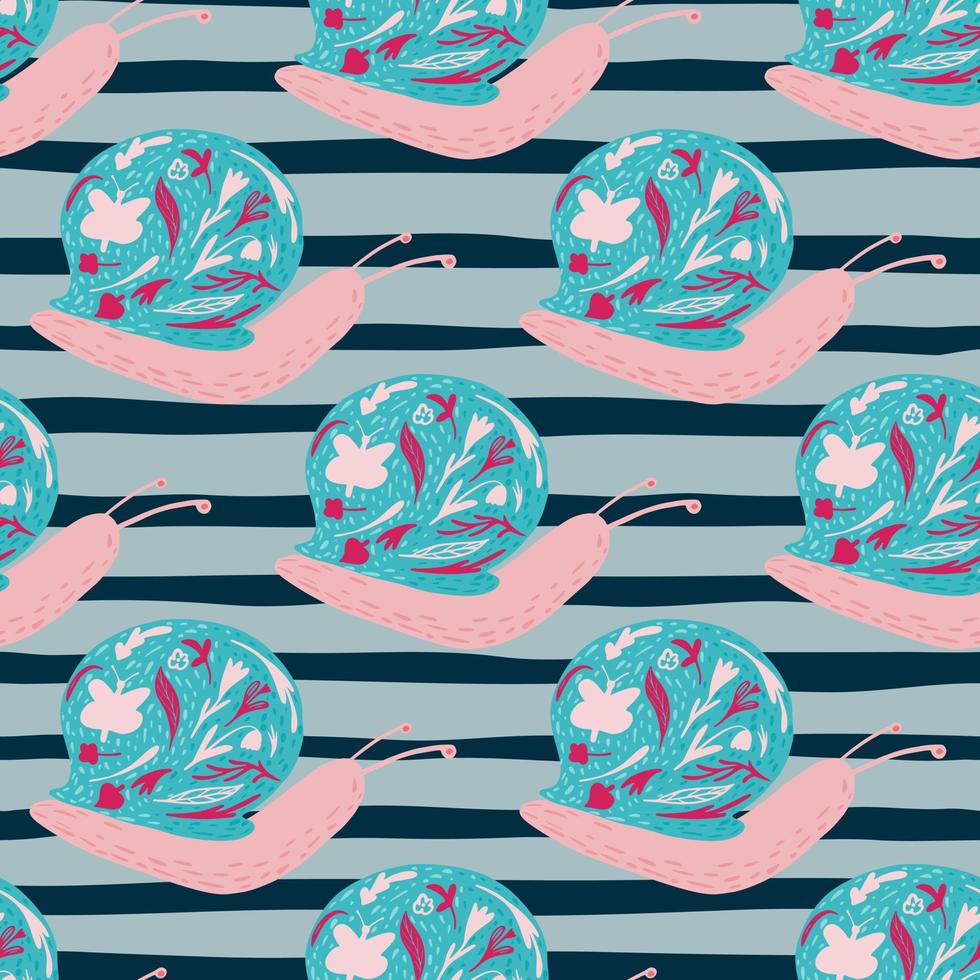 Blue and pink colored snail silhouettes seamless pattern. Stylized wildlife artwork on striped background. Fauna print. vector