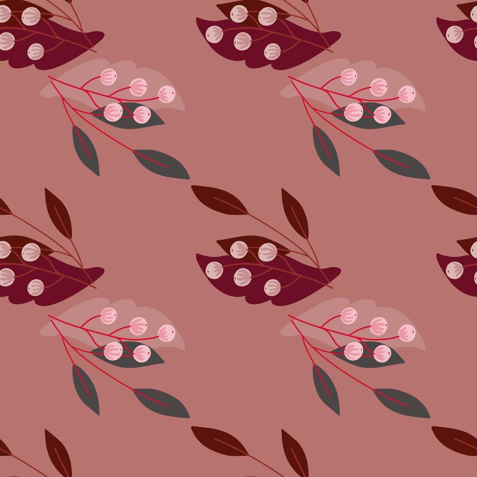 Pale tones seamless pattern with rowan berries and leaves ornament. Pink background. Scrapbook backdrop. vector