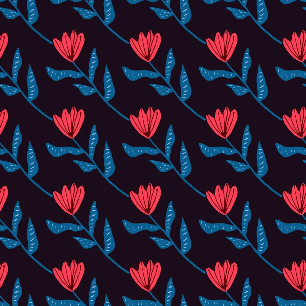 Dark contrast seamless botanic flower pattern. Red tulips with blue stems on black background. vector