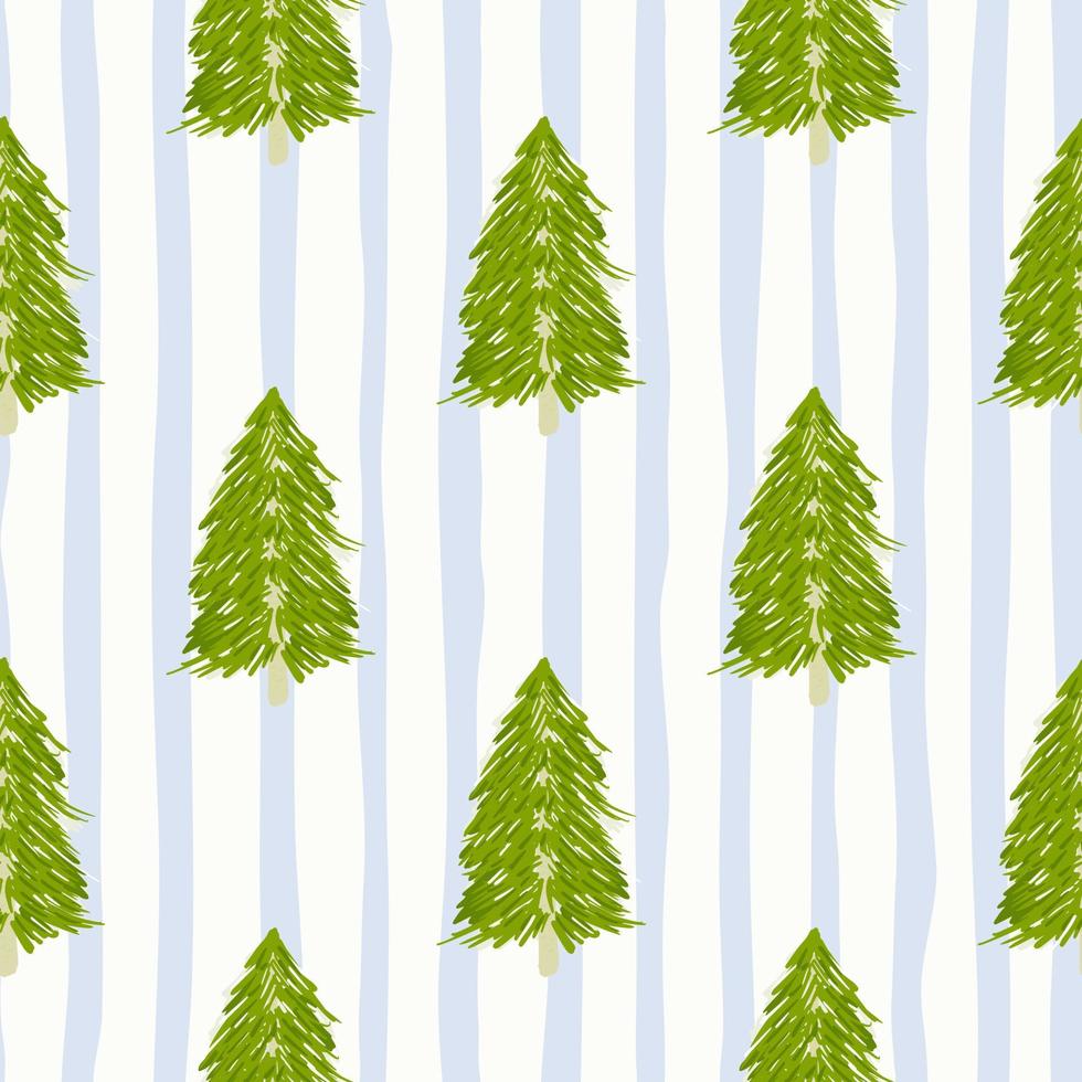 Fir tree silhouettes seamless doodle pattern. Green forest doodle ornament with blue and white strips. vector