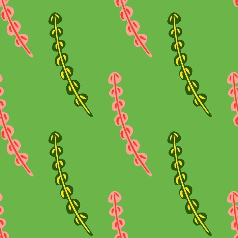 Creative seamless hand drawn pattern with simple pink seaweed ornament. Green bright background. vector