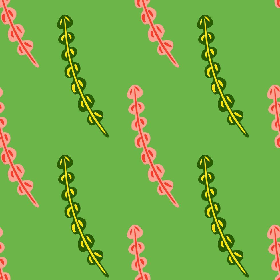 Creative seamless hand drawn pattern with simple pink seaweed ornament. Green bright background. vector