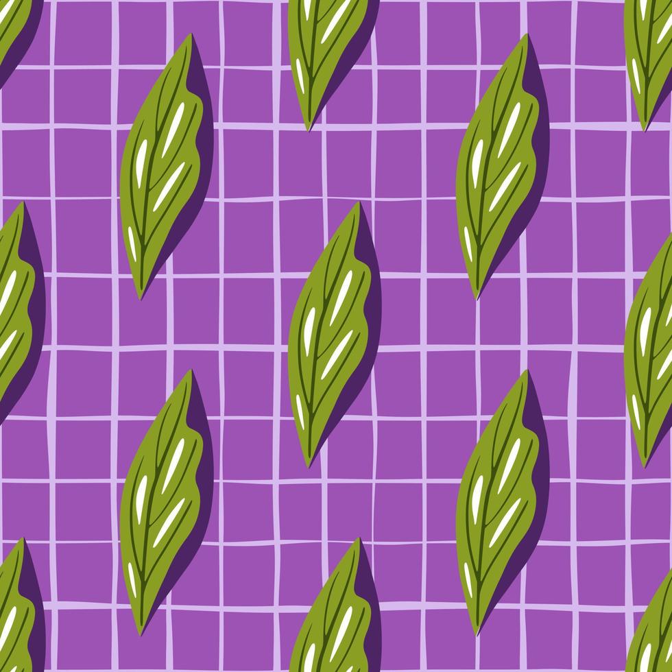 Bright contrast seamless pattern with green leaf elements ornament. Purple chequered backgorund. vector