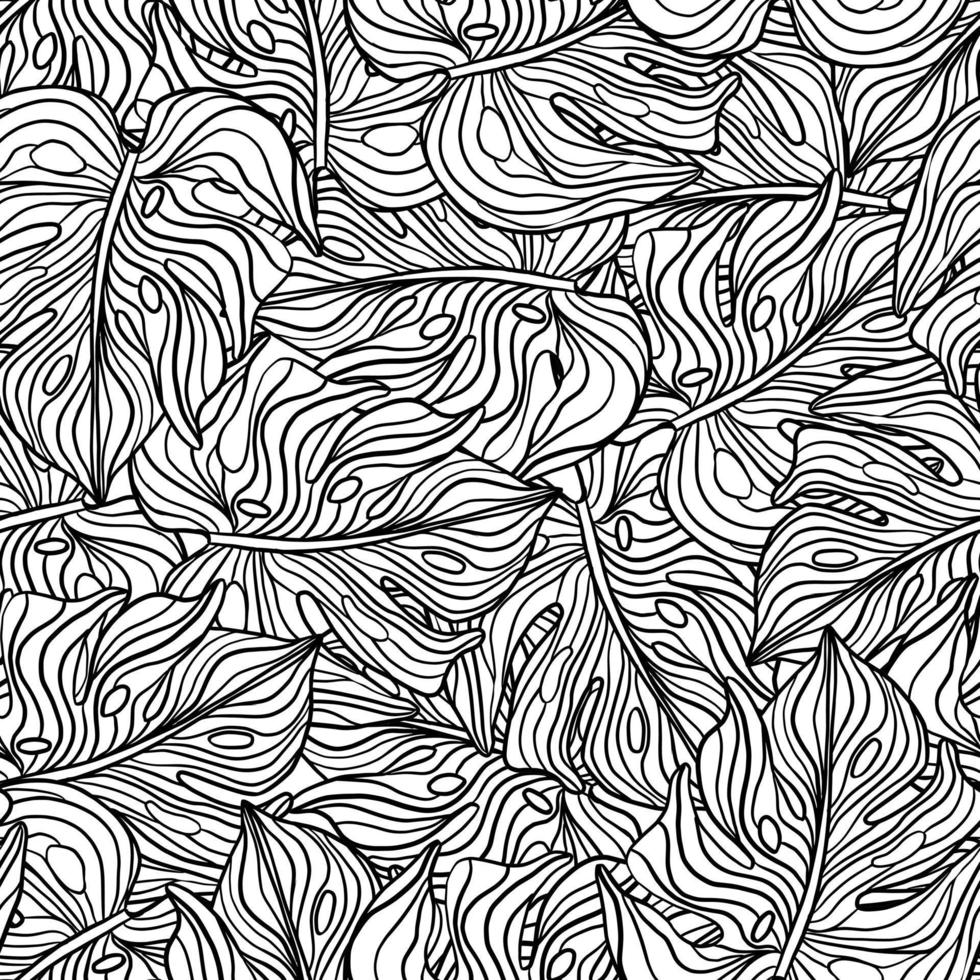 Random contoured seamless pattern with black outline monstera shapes. Nature palm tropical print. vector
