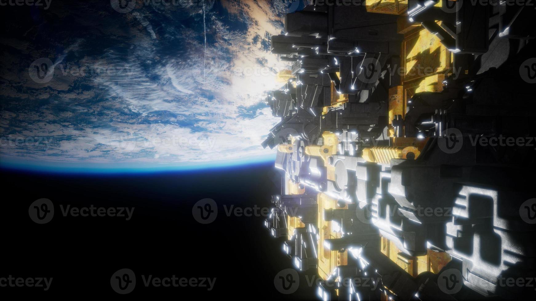 Spaceship with View on Space and Planet Earth photo
