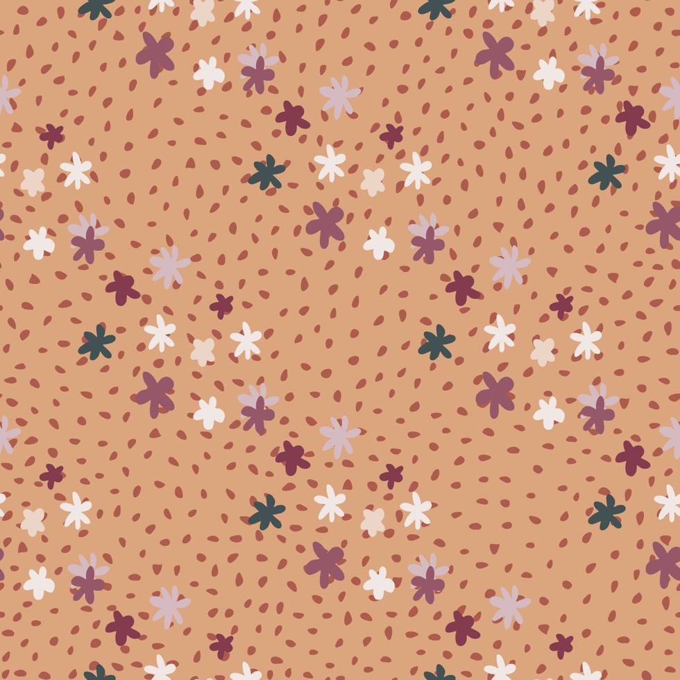 Diagonal lines of abstract flower silhouettes in purple, white and blue tones. Pastel orange background with dots. vector
