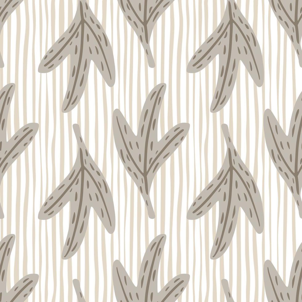 Seamless pattern with doodle grey outline leaves silhouettes. Light striped background. Nature print. vector