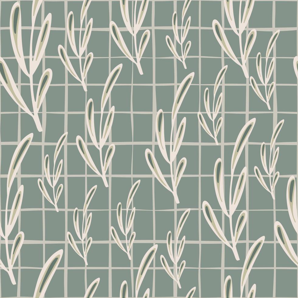 White outline simple twig silhouettes seamless botany print. Green pale chequered background. Doodle artwork. vector