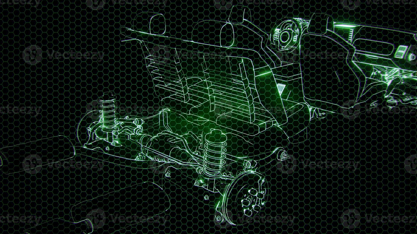 Holographic animation of 3D wireframe car model with engine photo