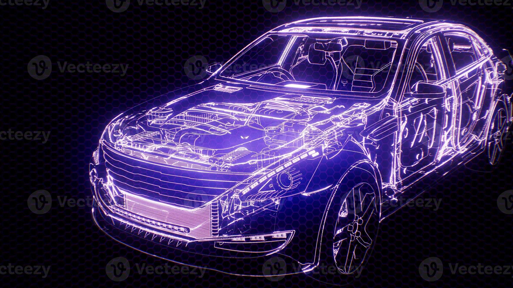 Holographic animation of 3D wireframe car model with engine photo