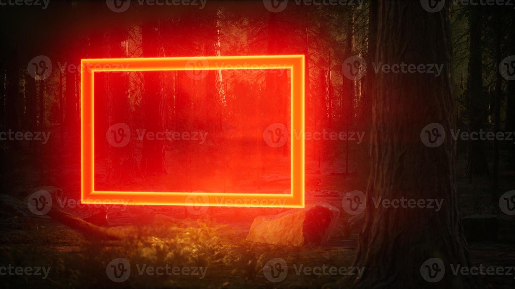 Neon glowing rectangle frame in the night forest photo