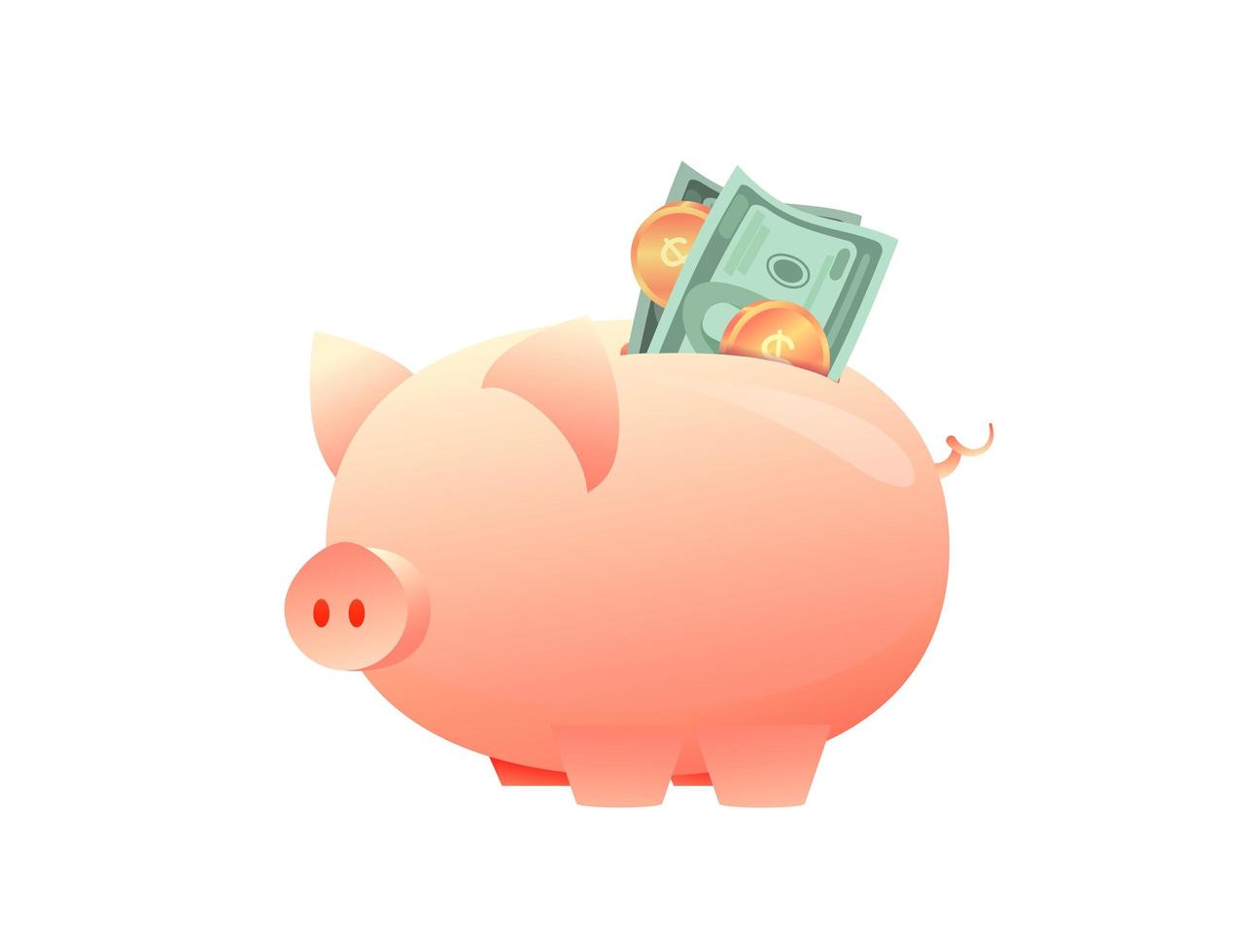 Large piggy bank with paper money on an isolated background. Metaphor of increasing investment, capital accumulation. Successful teamwork concept. Flat vector illustration