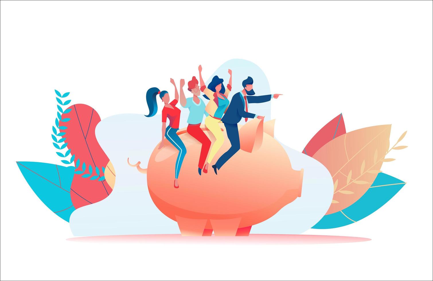 Little joyful people sit on piggy bank. Leader indicates path of development. Metaphor of increasing investment, capital accumulation. Successful teamwork concept. Flat vector illustration