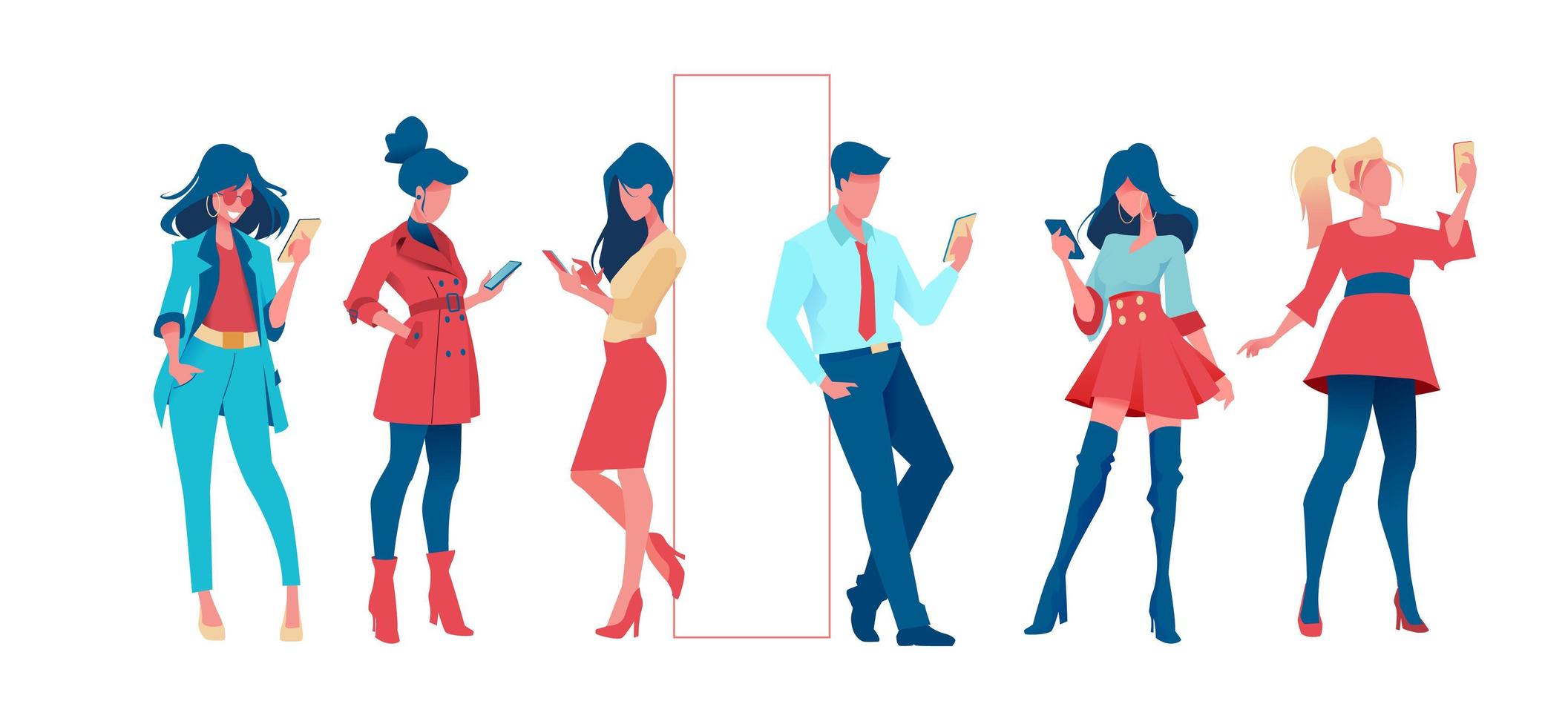 Group of trendy and business people are standing with phone in their hand. Set of fashion people on an isolated background. Flat vector illustration