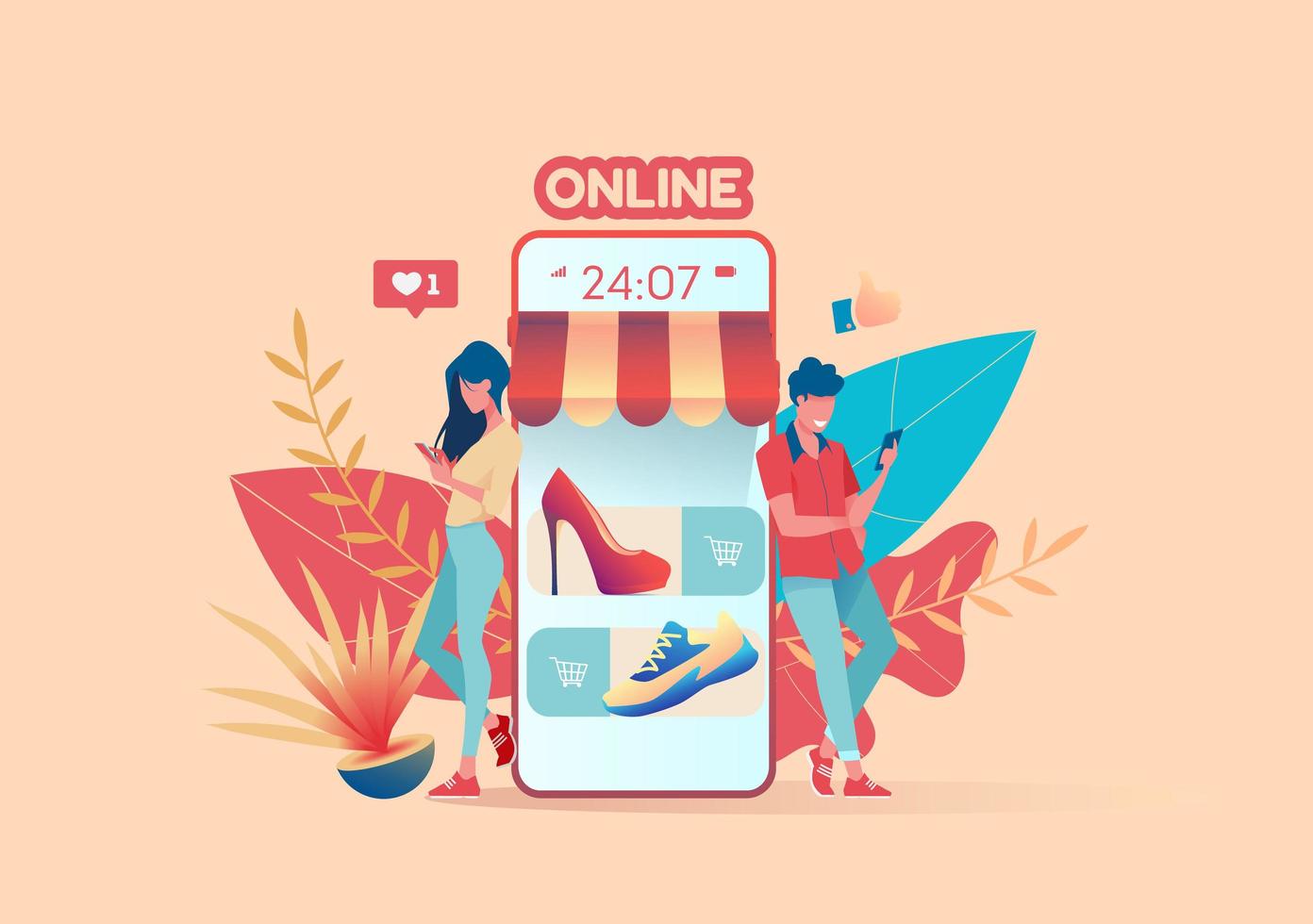 Girl and guy are standing near huge phone in form of store. Choose product and like it, shop online. Online shopping metaphor. Concept of easy payment and delivery of goods. Flat vector illustration
