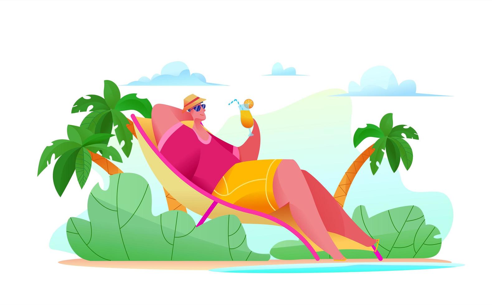 Joyful tourist man is lying on beach by sea vector