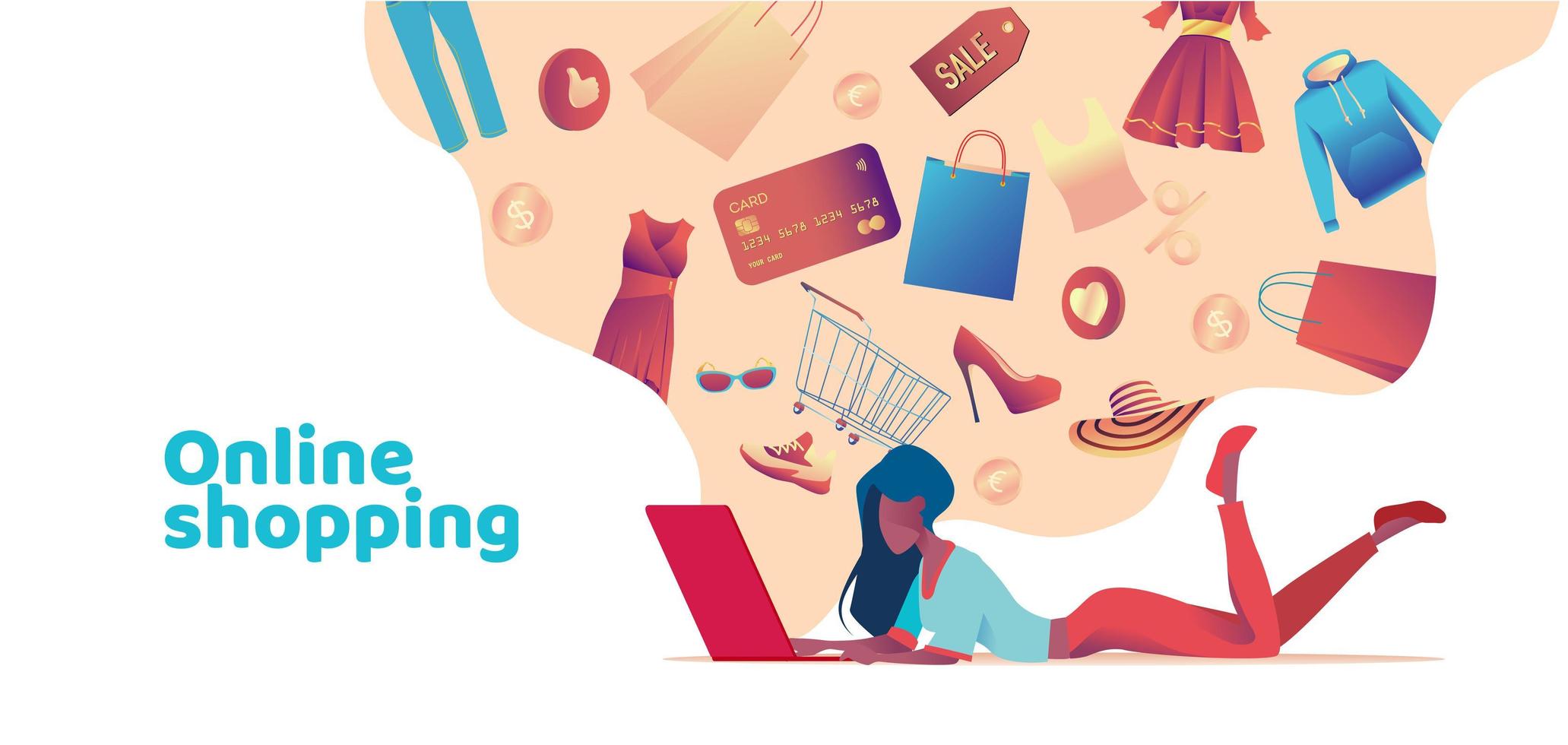 Young girl lies with laptop and looks through huge amount of goods and shopping online. Online shopping metaphor. Concept of easy payment and delivery of goods. Flat vector illustration