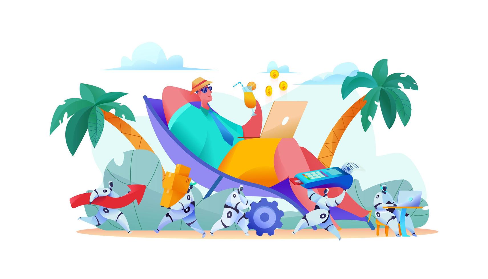 Joyful businessman lies on beach with laptop. team vector