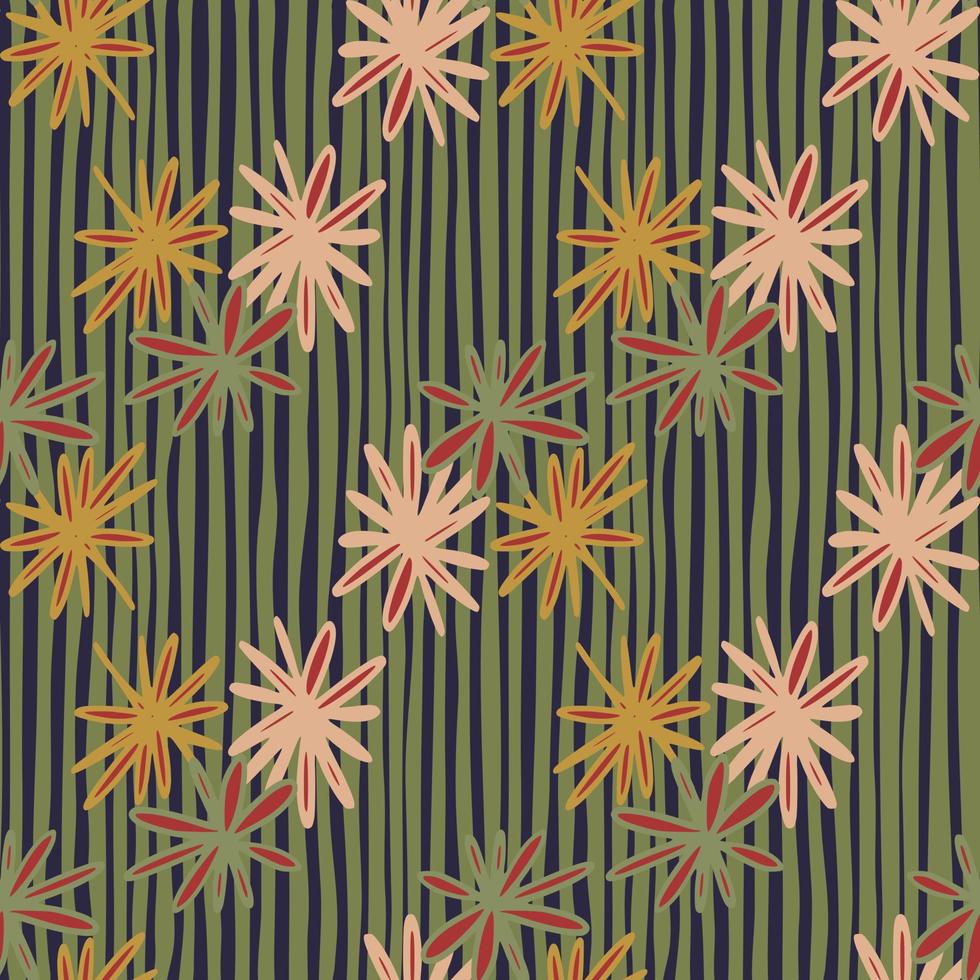 Abstract hand drawn geometric seamless pattern with flowers . Stripped background. Green and orange palette. vector