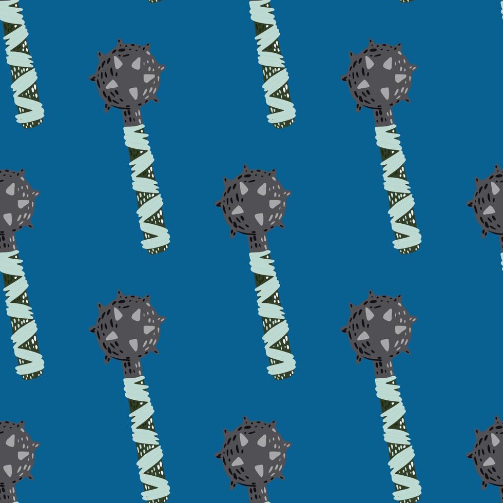 Seamless bright pattern with cartoon flail mace silhouettes. Norway ancient print on blue background. Battle backdrop. vector