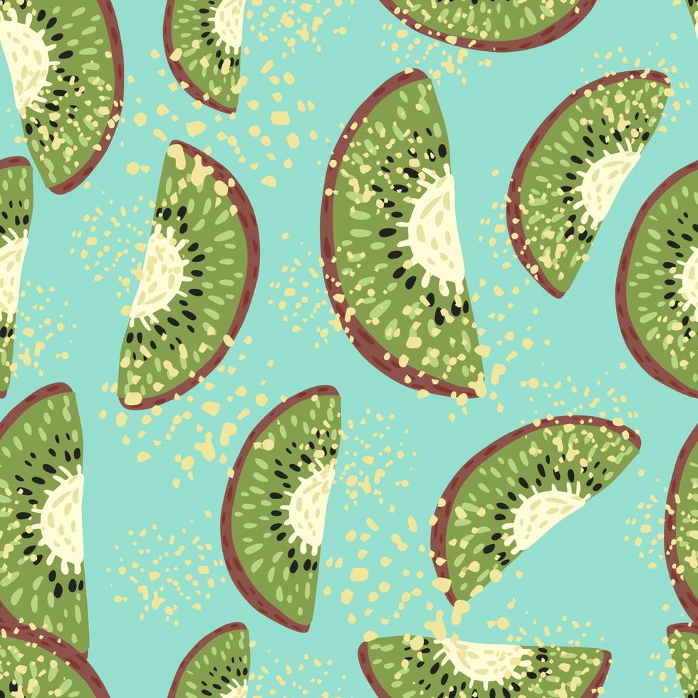 Random seamless pattern with green creative kiwi ornament. Blue background with splashes. vector