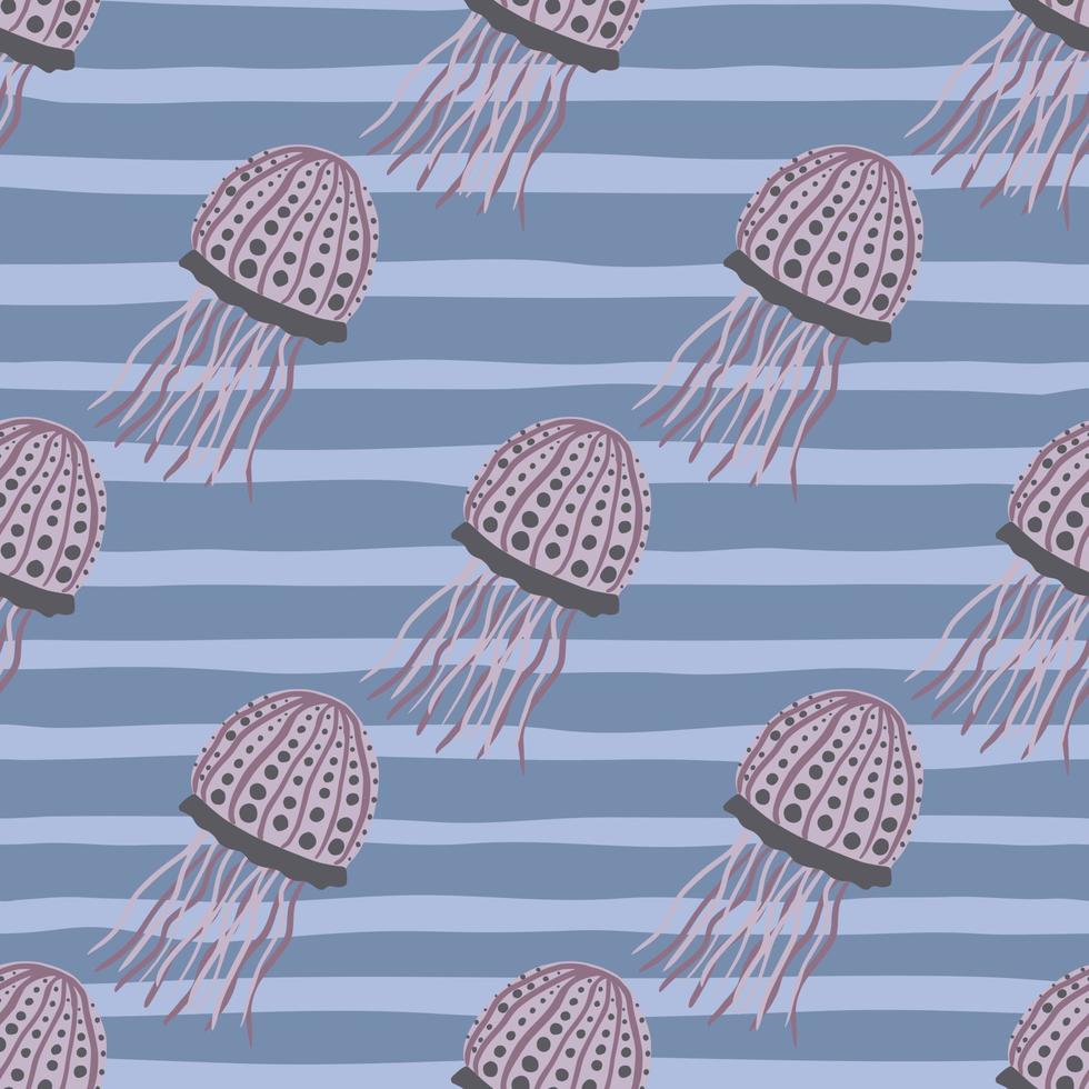 Light purple jellyfish seamless pattern. Doodle underwater print with stripped blue background. vector