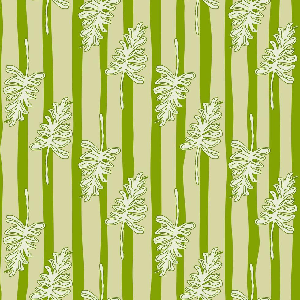 Diagonal contoured white branch ornament seamless pattern. Green vertically stripped background. vector