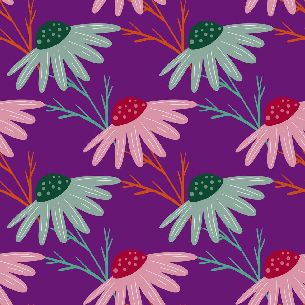 Modern seamless pattern with doodle pink and green chamomile flowers. Purple bright background. vector