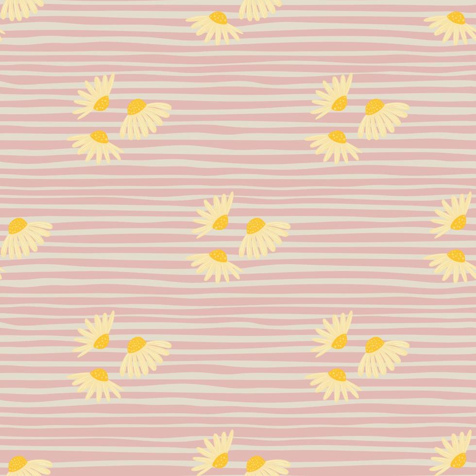 Summer botanic seamless pattern with simple yellow chamomile flowers shapes. Pink striped background. vector