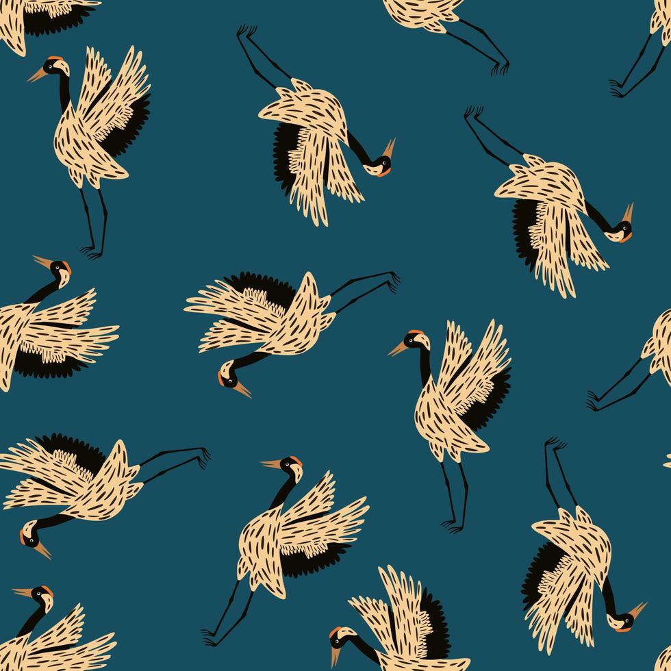 Random seamless zoo tropic pattern with beige crane bird ornament. Turquoise pastel background. vector
