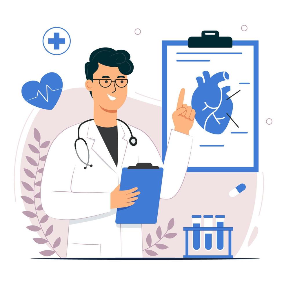 médico cardiólogo señalando el diagrama del corazón vector