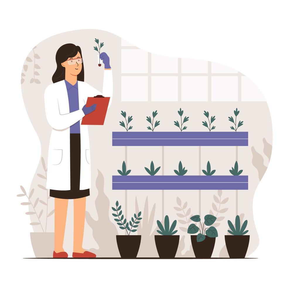 Female Botanist Scientist Studies and Analyzes Plants vector