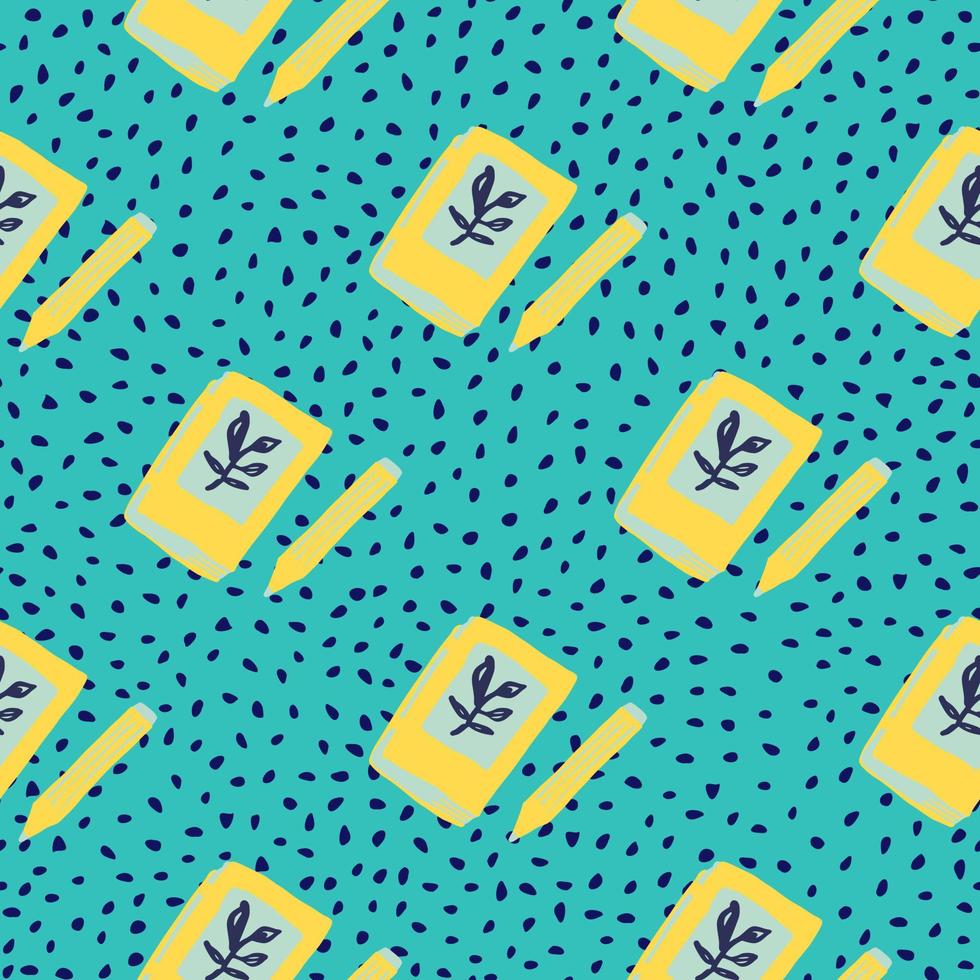 Bright diary book ornament seamless pattern. Yellow doodle notebook elements on blue dotted background. vector