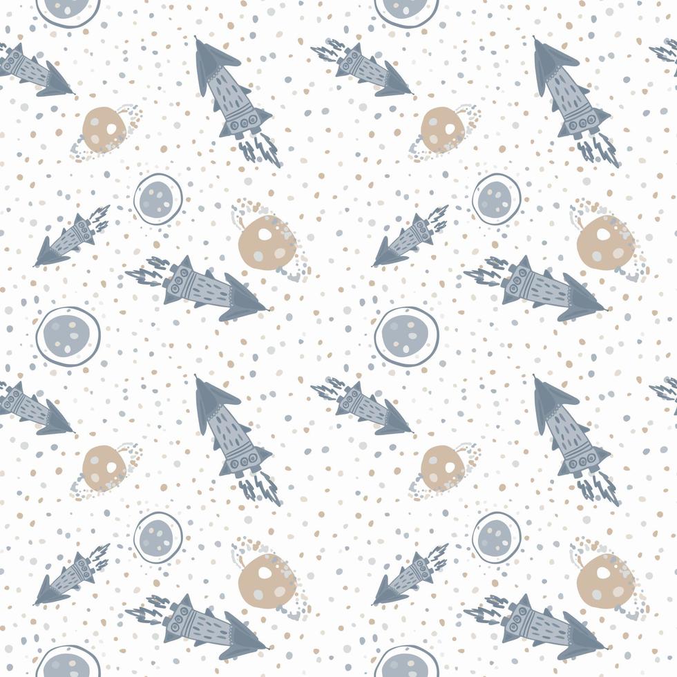 Random blue rockets and beige planets seamless pattern. White background with dots. Pastel tones palette. vector