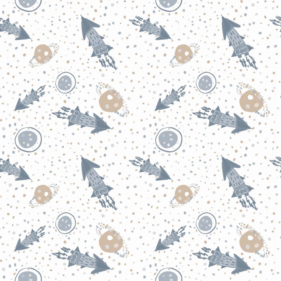 Random blue rockets and beige planets seamless pattern. White background with dots. Pastel tones palette. vector