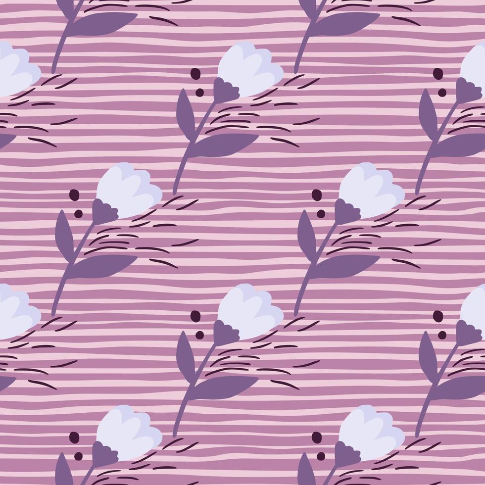 Seamless retro folk flower pattern. Lilac stripped background. Purple and light tones botanic shapes. vector